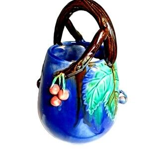 Majolica Vase Pottery  Blue Green Applique Berries Leaves with Branch